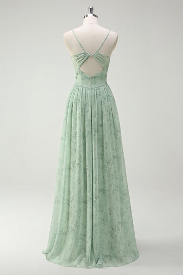 Dusty Sage A Line Spaghetti Stropper Lang brudepigekjole med slids